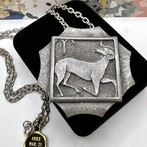 Luca Razza Aries Zodiac Pewter Plaque 1970's Necklace
